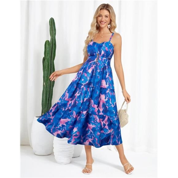 Women's Summer Floral Dress Spaghetti Strap Smocked Tiered Boho Maxi Long Dress - Picture 2 of 7